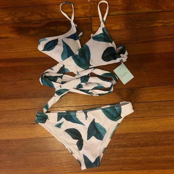 white bikini with green leaves